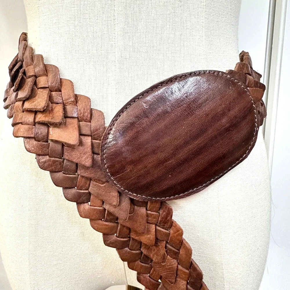 VTG Chicos Genuine Leather Woven Braided Wide Belt M Brown Morocco Boho Western